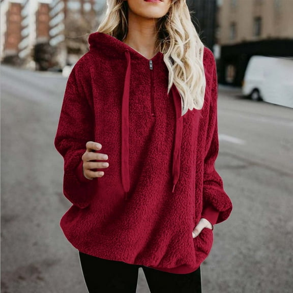 Sevevn Women Hooded Sweatshirt Coat Winter Warm Wool Zipper Pockets Cotton Coat Outwear Wine XL Christmas Gift