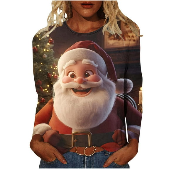Womens Christmas Shirts Funny Long Sleeve Crew Neck T-Shirt with Classic Santa Print Christmas Top for Holiday Parties Blouse My Items