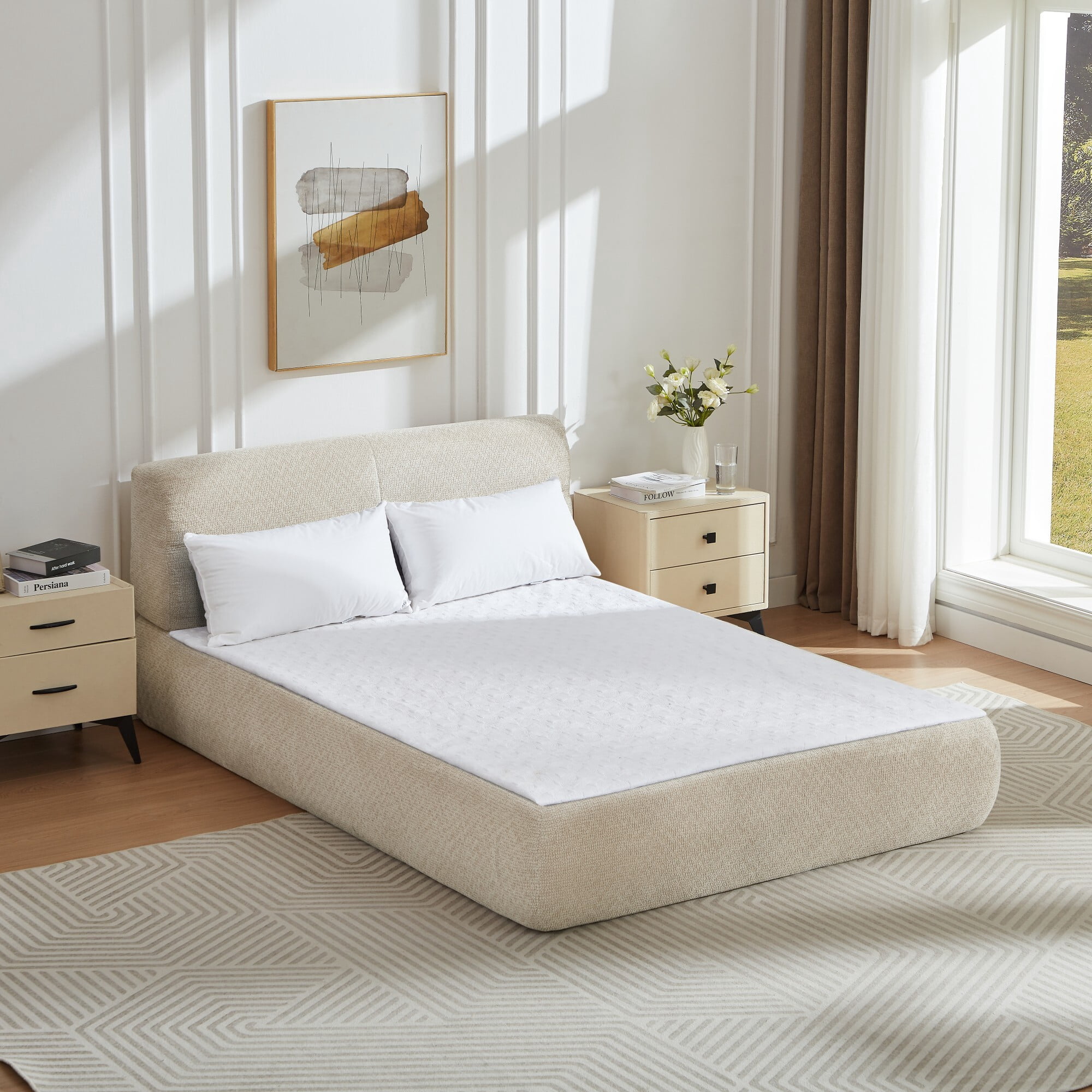 DEALTOPS Modern Upholstered Chenille Bed, Compressed Platform Bed with Spring Support, No Assembly, Beige