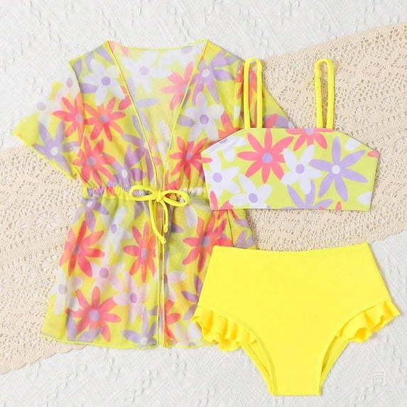 Miaoju Girls Swimsuit Cover Up Ruched Side Modest Bikini Spaghetti Strap Tankini Set 3 Pieces Ruffle Girls Dress Up Clothes