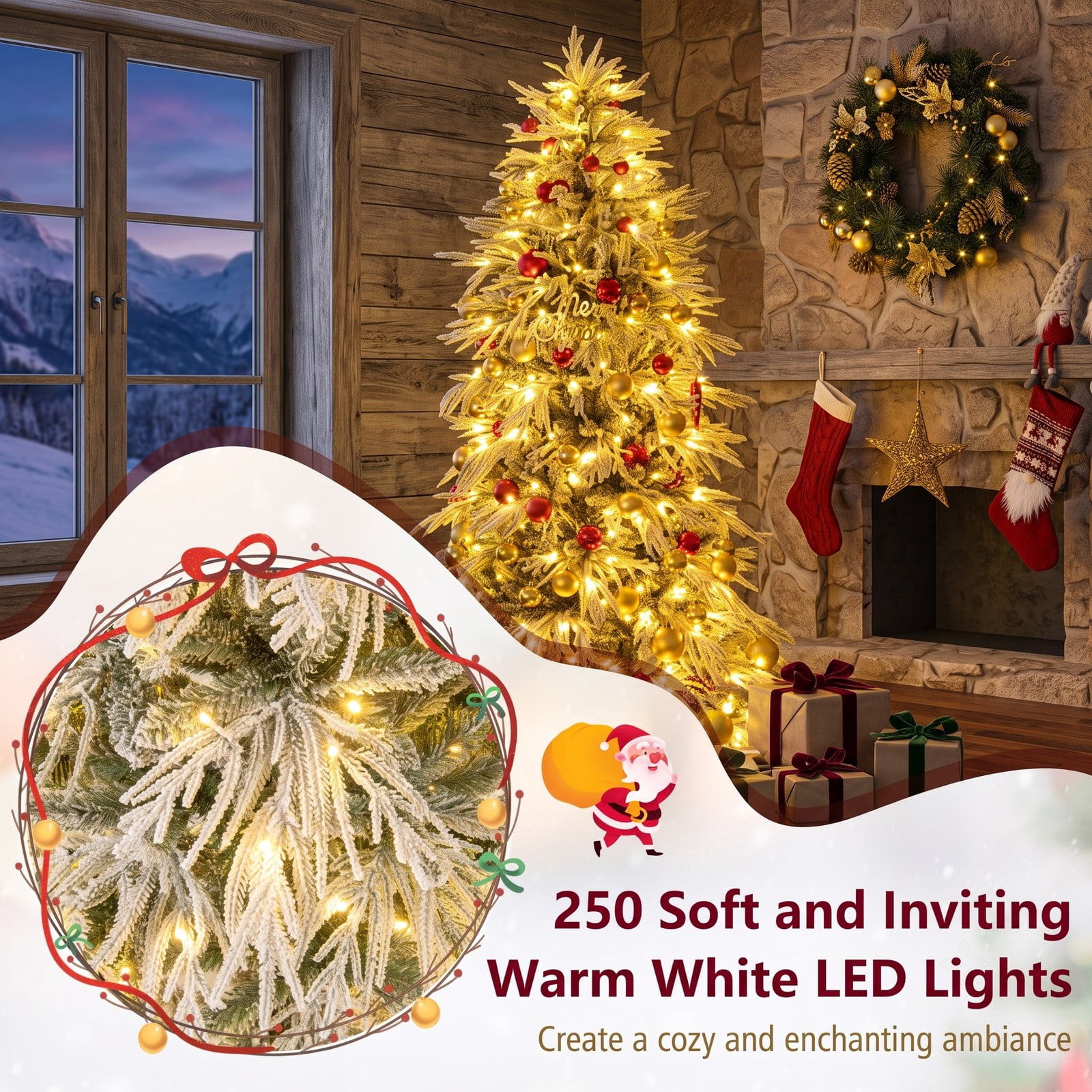 RUIE 6 Feet Pre-Lit Snow Flocked Artificial Christmas Tree with 250 Warm White LED Lights, Hinged Xmas Pine Tree with Foldable Metal Stand for Indoor, Green & White