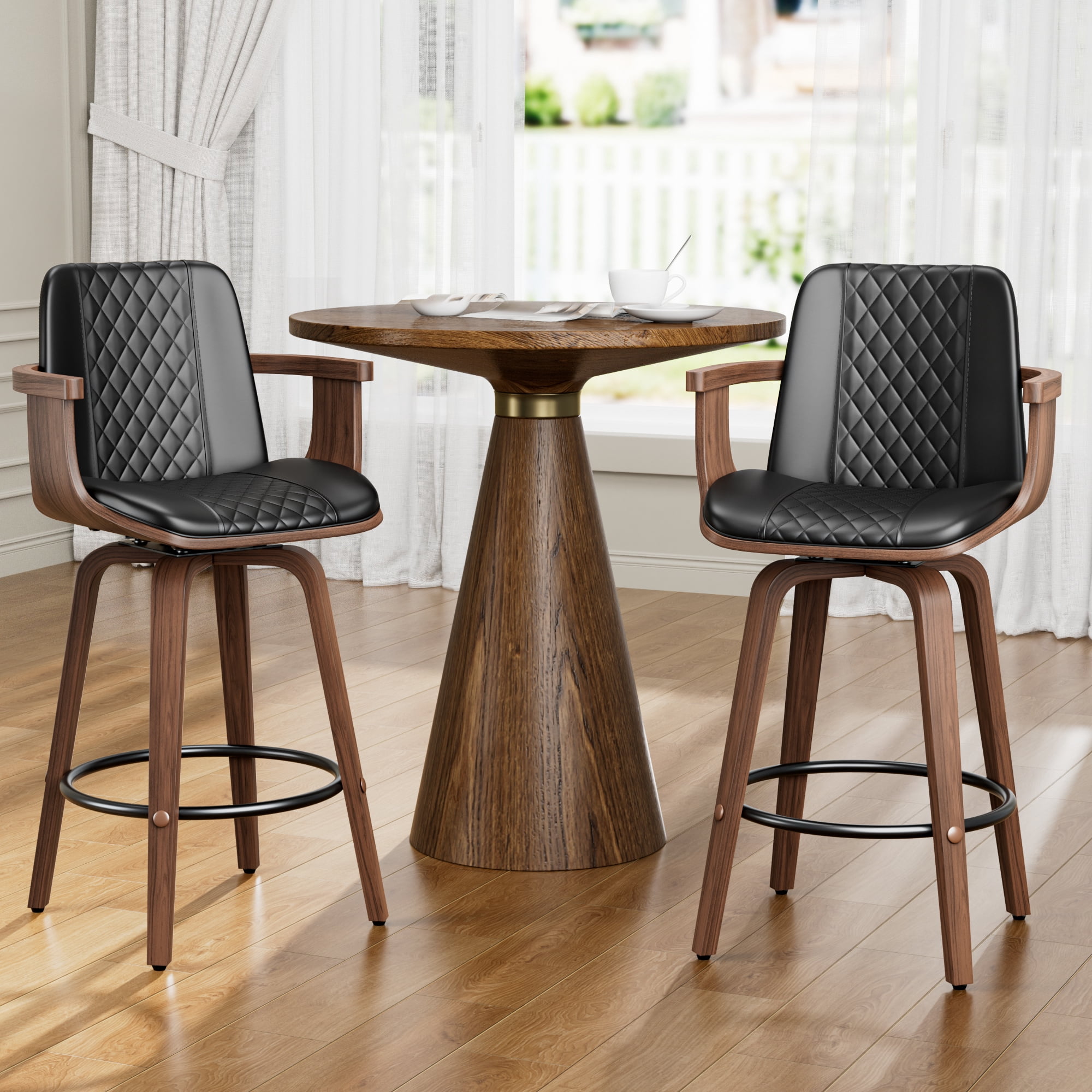 LainTene Bar Stools Set of 3, 26" Bentwood Barstools with Arms High Back, Mid-Century Modern Counter Height Swivel Bar Chairs for Kitchen Island