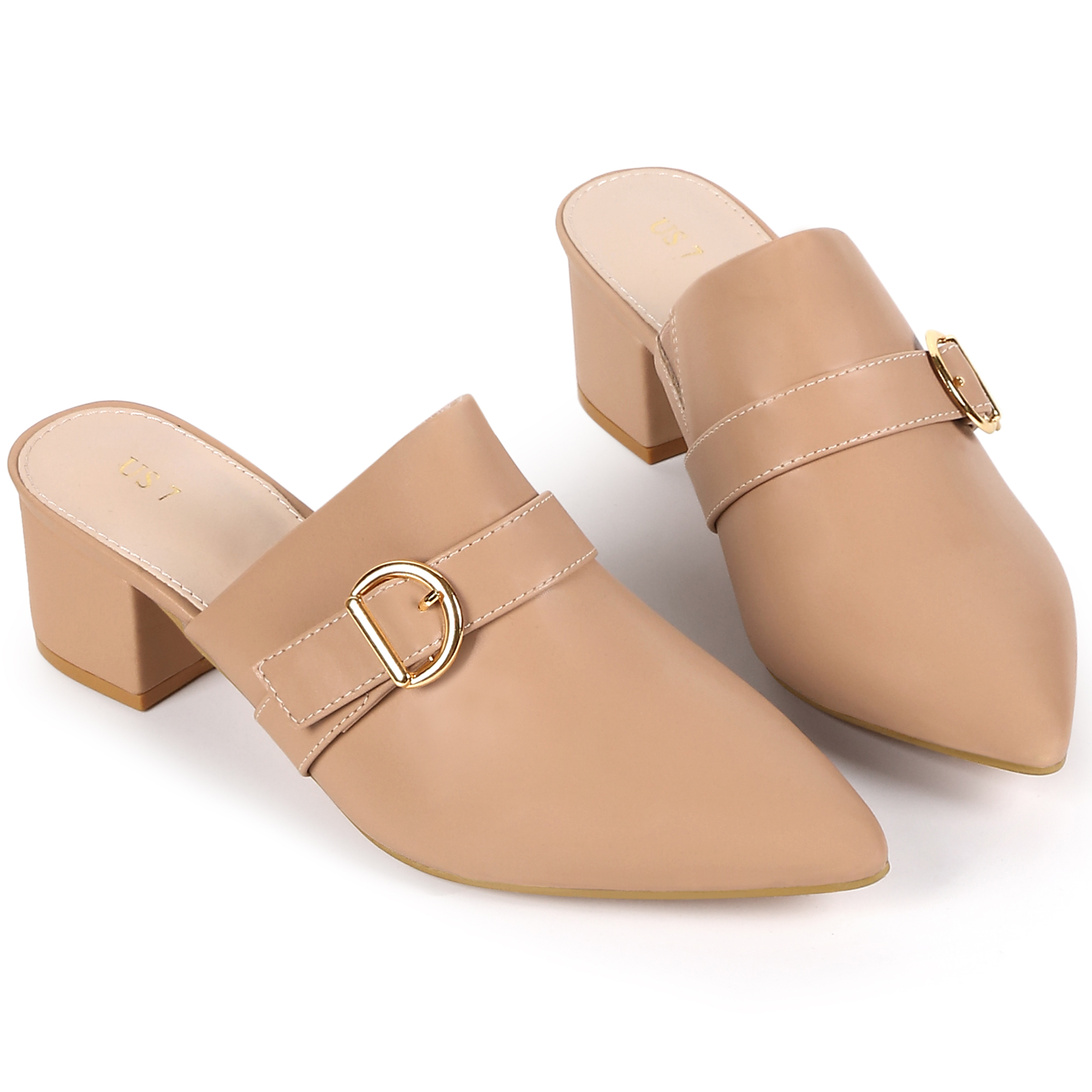 DARING DIVA Women's Elegant Pointed Toe Slip on Chunky Heel Mules Nude US 7