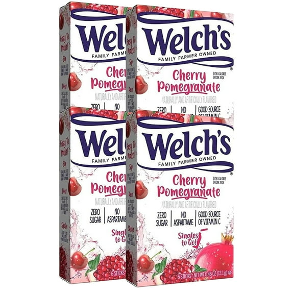 Welch's On the Go Water Drink Mix Cherry Pomegranate Flavor No Sugar Gluten Free and Low-Calorie Powdered Beverages for Home Lunch Office Gym Picnic Camping Indoor Outdoor Drinks 6 Sticks Pack of 4