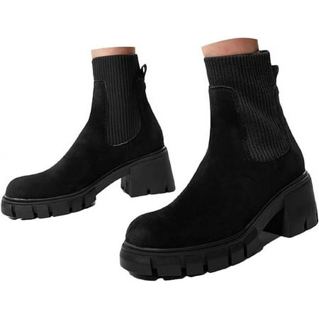 

HOLXI 2024 Womens Platform Ankle Boots Elastic Chunky Block Heel Chelsea Booties Lug Sole Combat Shoes
