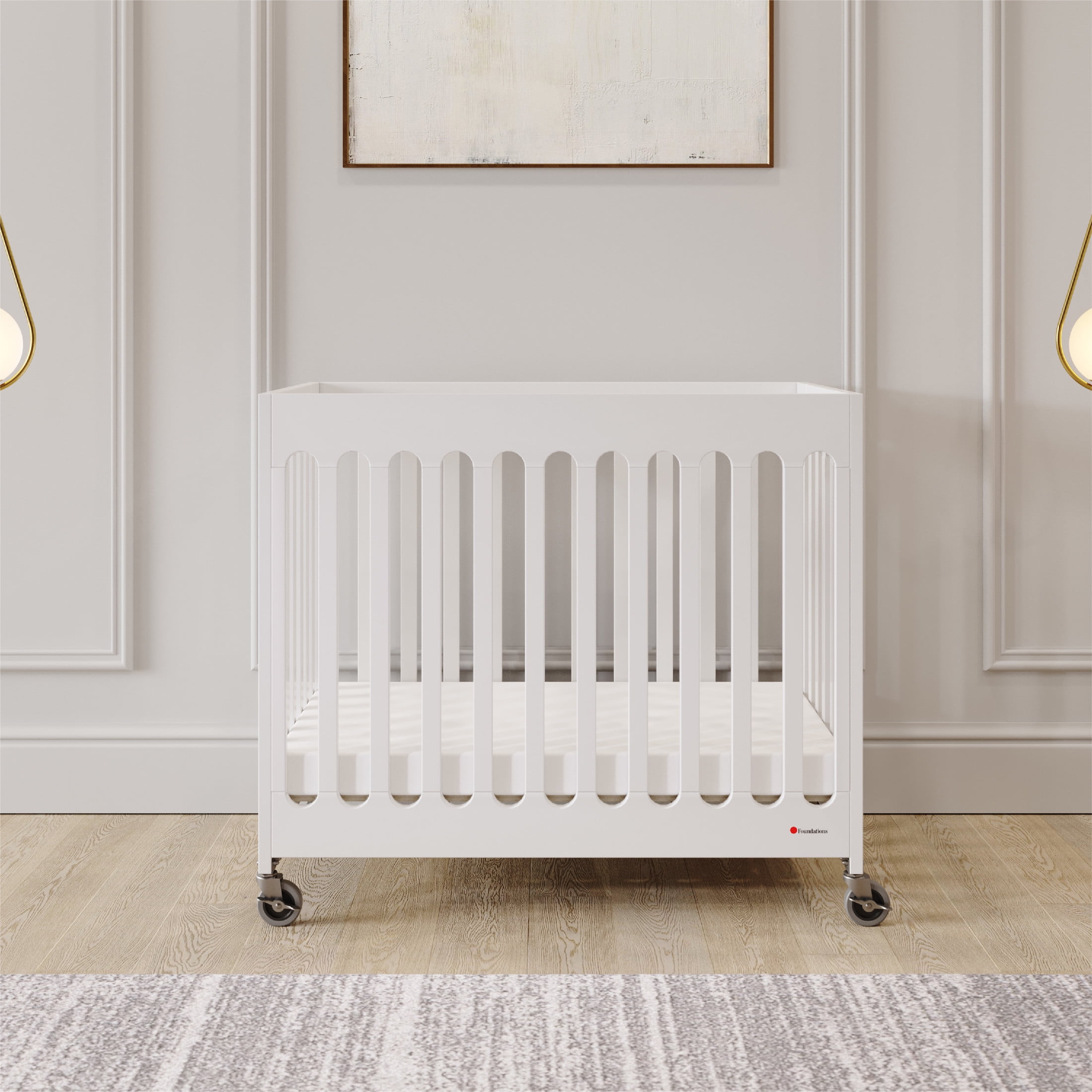 Foundations Boutique Folding Hotel Crib and Sheet Bundle - Includes Wooden Mini Crib with 3" Foam Mattress (White) and 6-Pack White Fitted Compact Crib Sheets