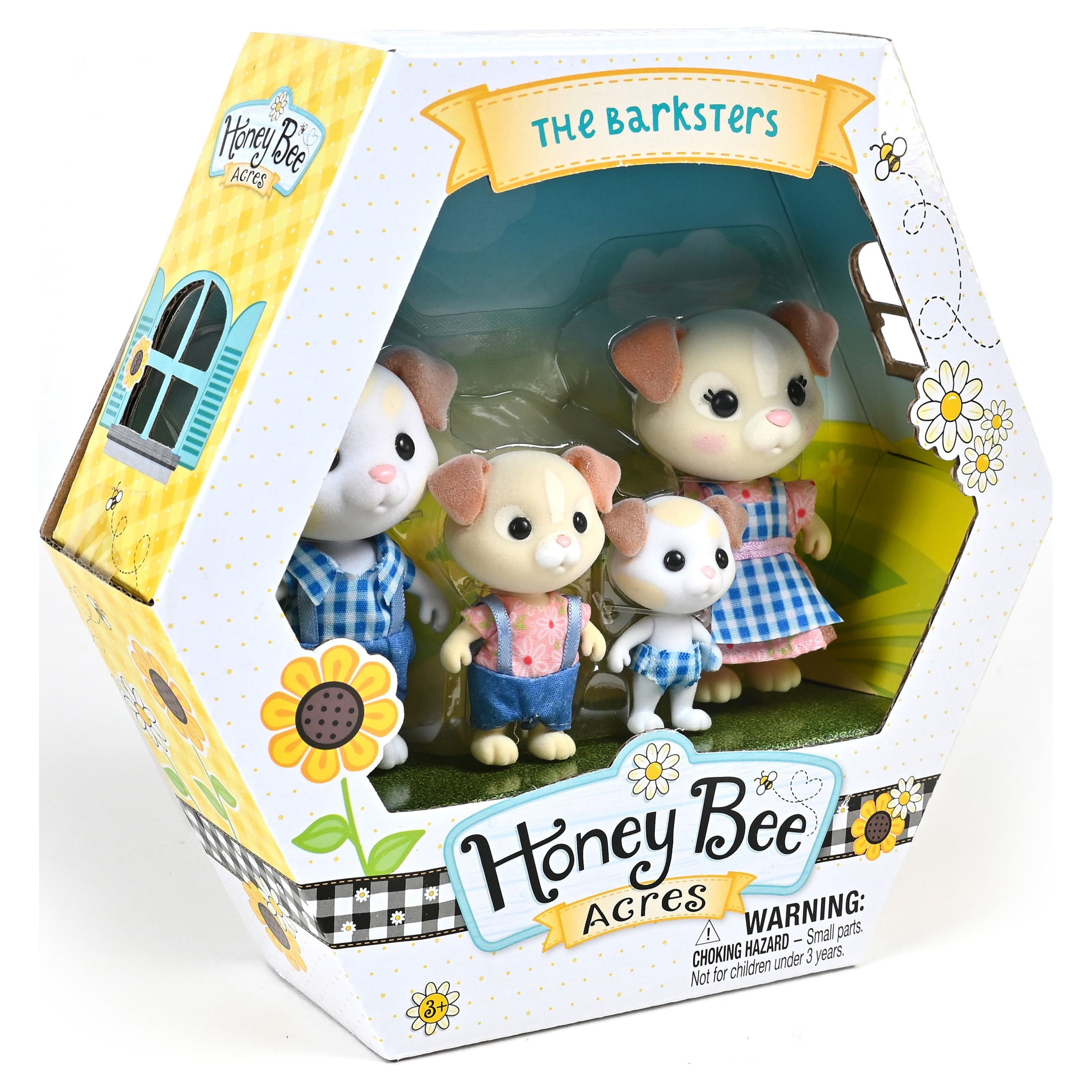 Honey Bee Acres Barksters Dog Family – Includes 4 Miniature Flocked Animal Figures with Removable Outfits – Dollhouse Toy Set for Kids Ages 3+