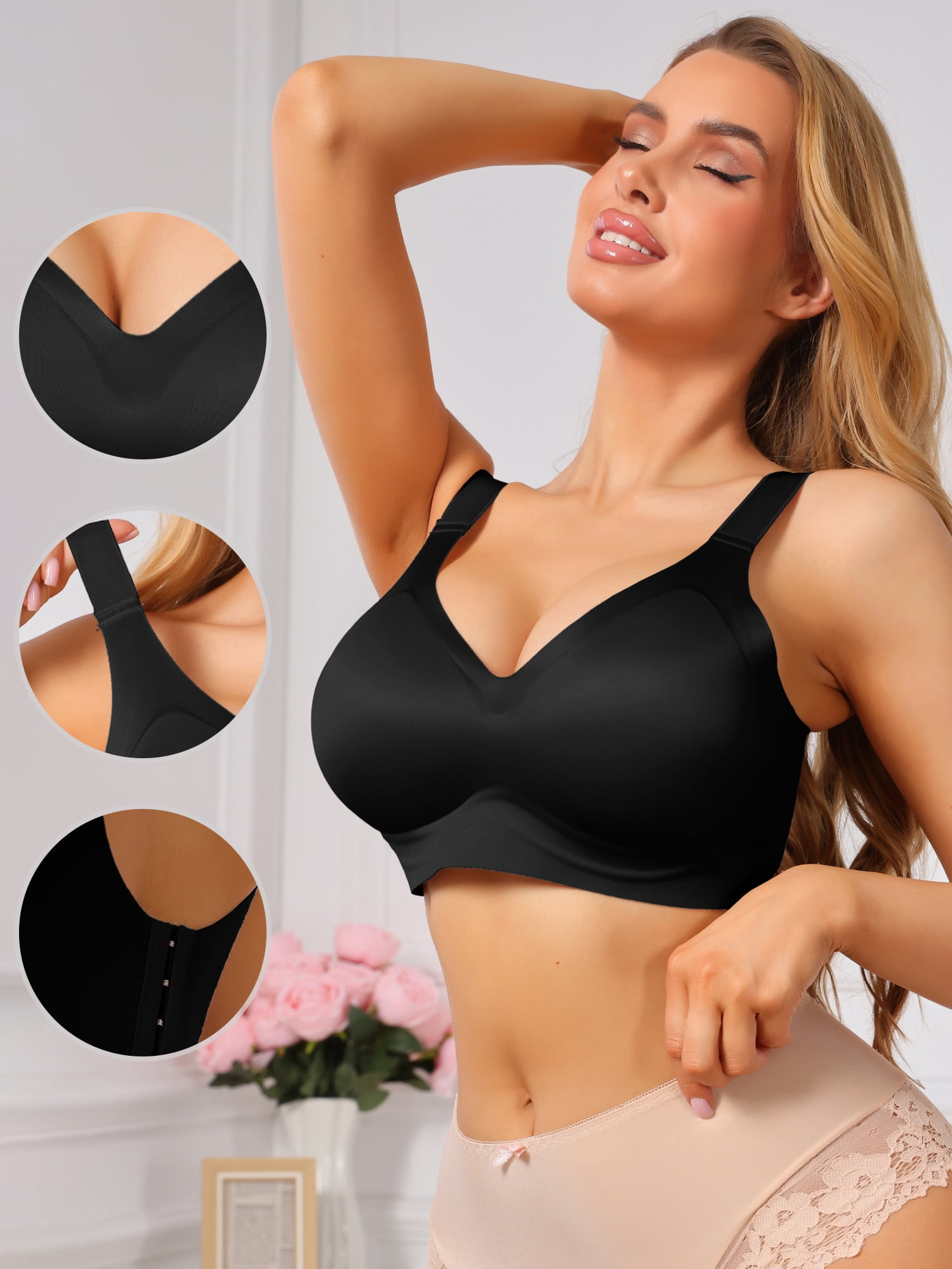 DARING DIVA Women's V Neck Seamless Wireless Wide Strap Soft Minimizer Bra 3XL Black