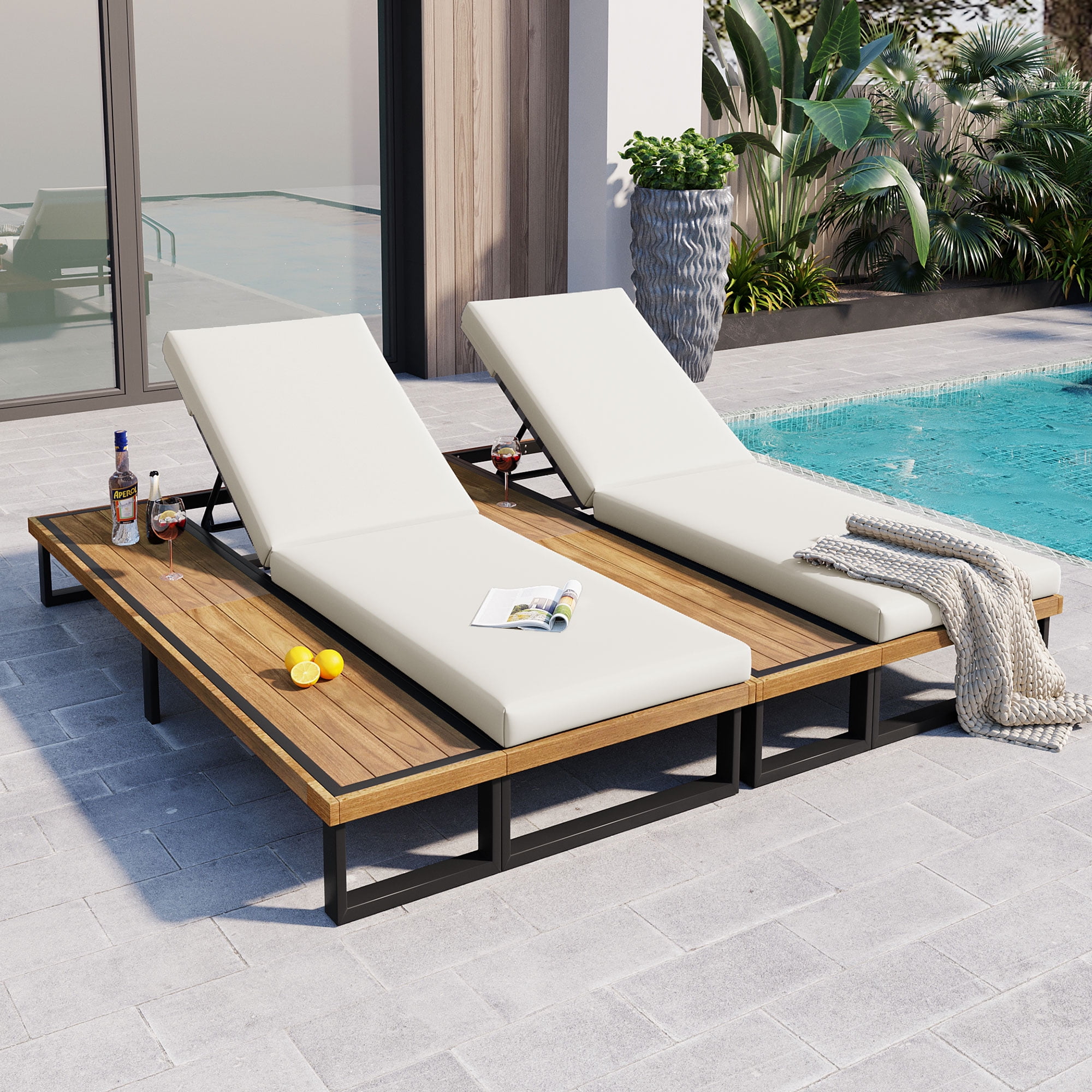 Euroco Outdoor Chaise Lounge Chair Set of 2 with 5-Position Adjustable Backrest , Reclinings with Cushions, Patio Loungers with Wood Side Table, Sturdy Frame