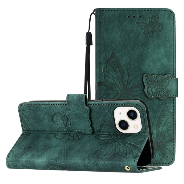 Compatible with iPhone 14 Plus Embossed Butterfly Case with Wallet and Kickstand Cover