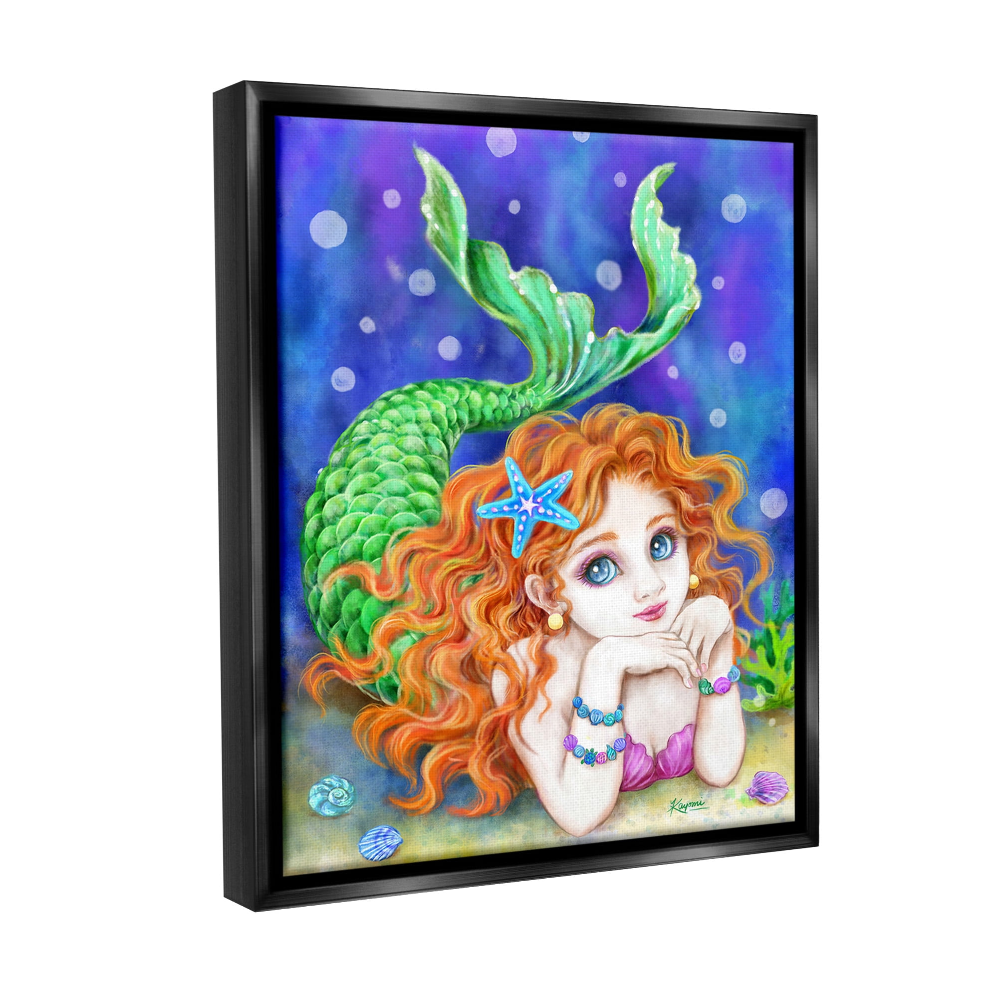 Stupell Industries Relaxing Mermaid Underwater Fairy Tales & Fantasy Painting Black Floater Framed Canvas Art Print Wall Art, 25 x 31