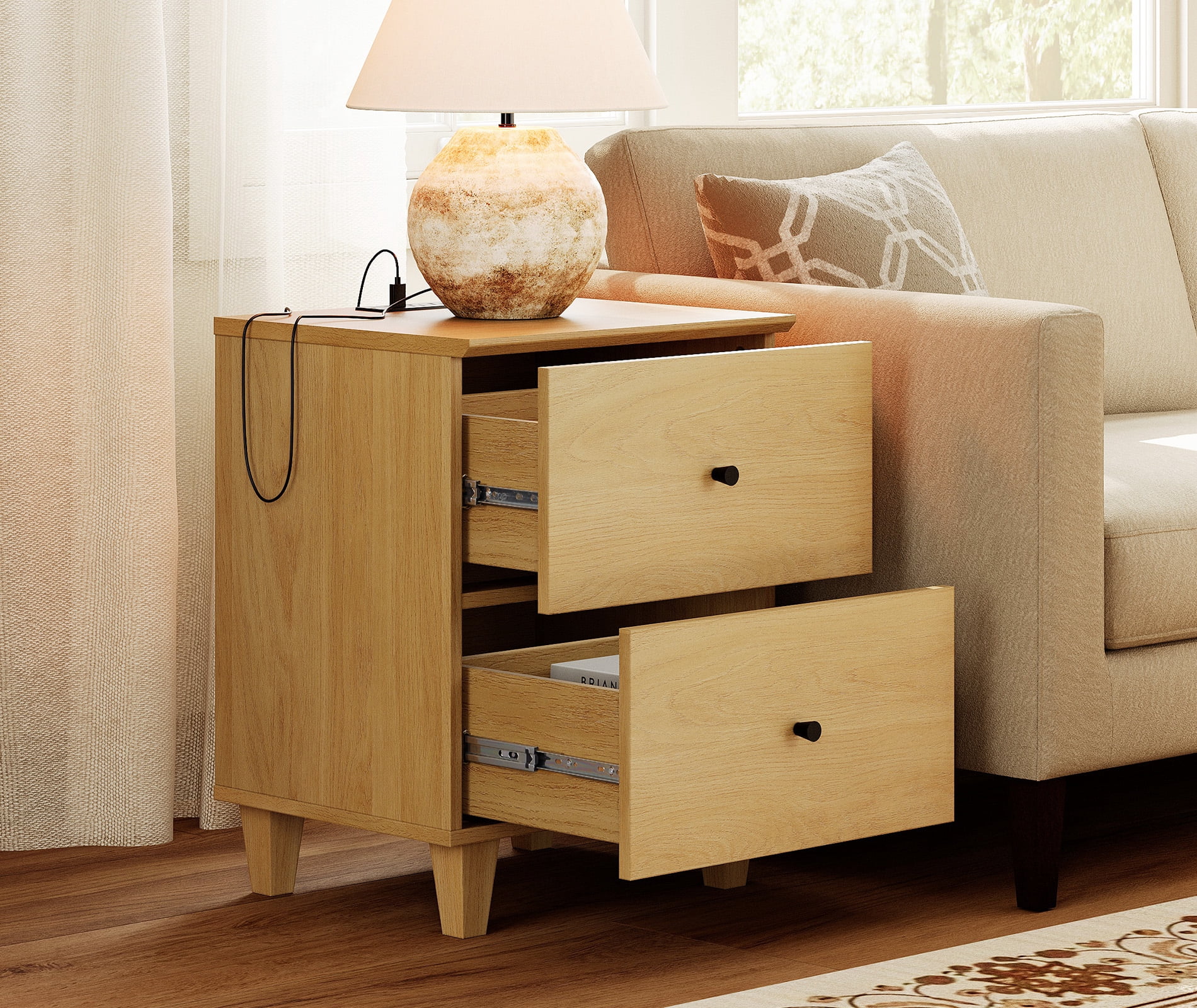 Modern End Table with Charging Station, Wooden Side Table with 2 Storage Drawers, Small Nightstand for Living Room, Oak Wood