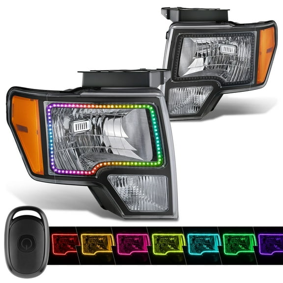 DNA Motoring RGB LED Halo Ring DRL Headlights for 09-14 Ford F150 Pickup, Black/Amber
