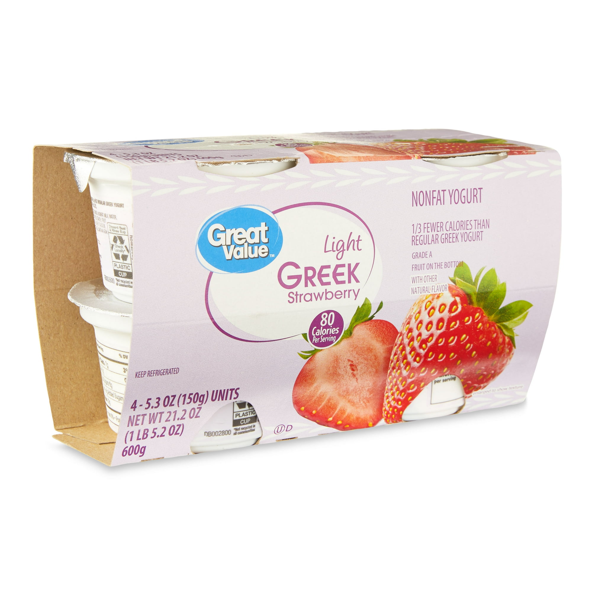 Great Value Light Strawberry Nonfat Greek Yogurt, 5.3 oz Cups, 4 Pack