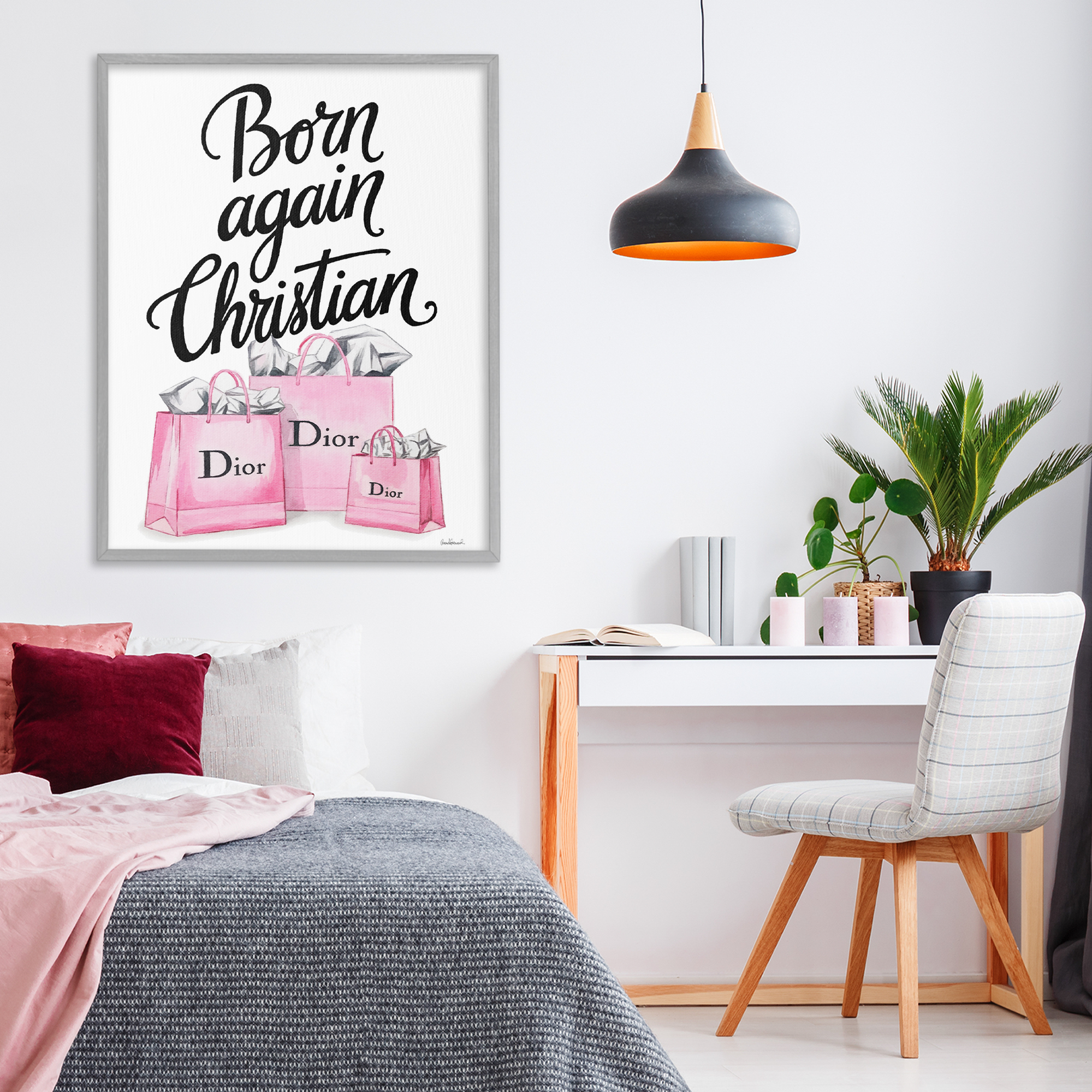 Pink Bags Born Again Christian Gray Framed Giclee Art, design by Amanda Greenwood