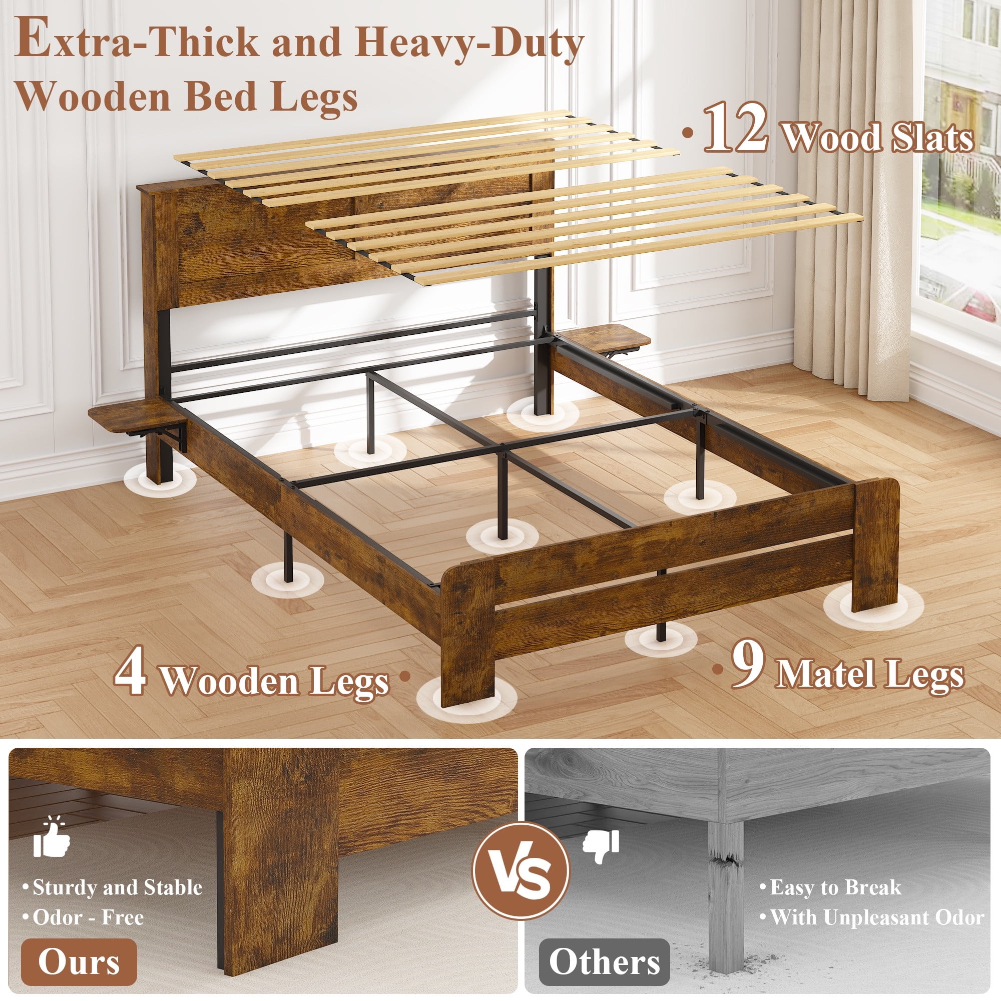 Wood Queen Bed Frame with Headboard for Bedroom, Holaki Rustic Farmhouse Platform Bed with USB Port & 2 Foldable Side Storage Racks, 12 Wood Slats Support, No Box Spring Needed, Easy Assembly