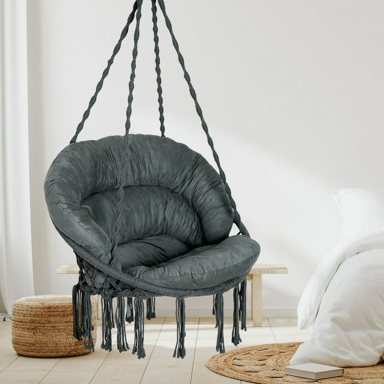 Bathonly New Hammock Chairs with Cushion Cotton Rope Hanging Swing Chair Max 330 lbs Dark Grey
