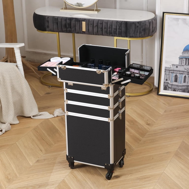 Rolling Makeup Train Case, Black Leopard Pattern photo 2