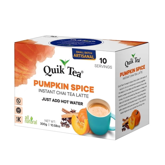 QuikTea Instant Pumpkin Spice Chai Tea Latte, 10 Single-Serve Sachets, Artisanal Indian Chai Latte Mix, Just Add Hot Water, Low Caffeine, Non-GMO, Gluten Free