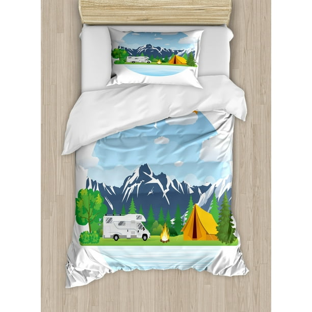Camper Twin Size Duvet Cover Set, Forest Camping Illustration with