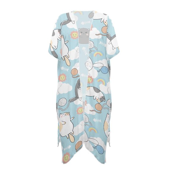 HELLHERO Half Sleeve Bathing Suit Cover Up for Beach High Quality Fabrics Casual Long Kimono Swimsuit Cover Up Rainbow and Cat Patterns
