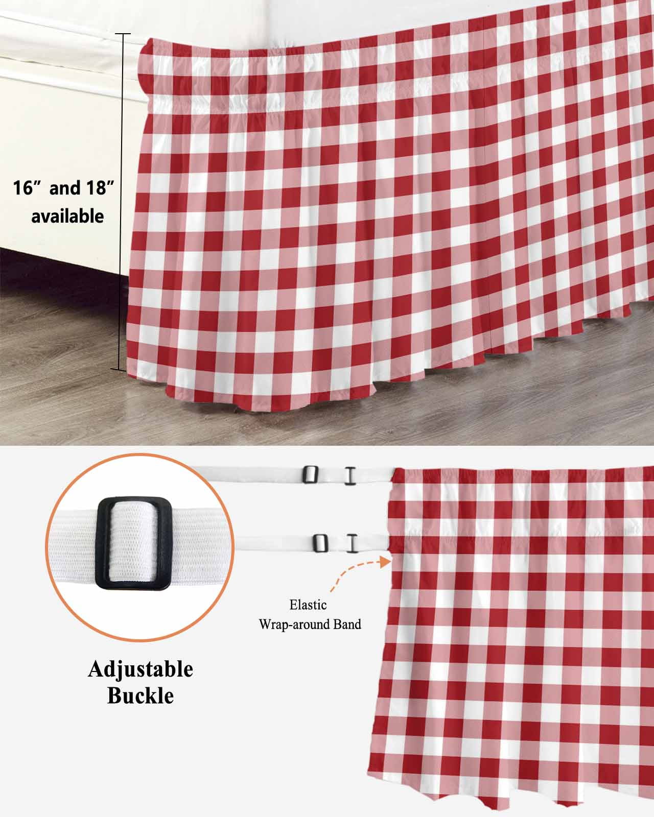 Red White Bed Skirt Buffalo Plaid Bed Skirts Queen Size 16 Inch Drop, Wrap Around Dust Ruffle&nbsp;Bedskirt with Adjustable Elastic Belt for Queen Size Beds