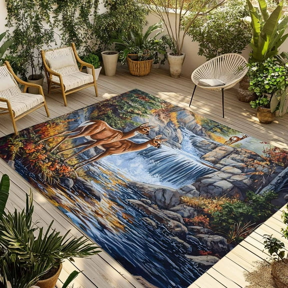Fsddascl Autumn Deer Outdoor Rug for Patio/Deck/Porch, Non-Slip Large Area Rug 4 x 6 Ft, Farmhouse Elk River Indoor Outdoor Rugs Washable Area Rugs, Reversible Camping Rug Carpet Runner