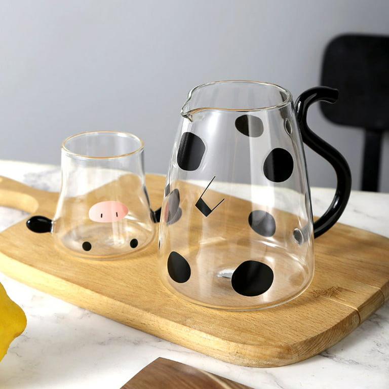 Cow Glass Water Pitcher with Glass Cup 500ml V-shaped Spout Cow Glass Jug  Heat Resistant Cute Clear Cow Glass Pitcher Portable