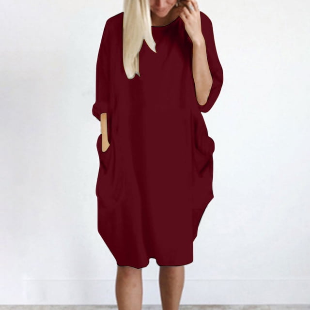 LSLJS Womens Pocket Loose Dress Ladies Neck Casual Long Tops Dress Plus Size