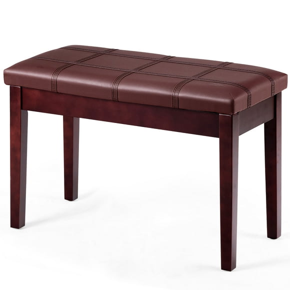 Costway Solid Wood PU Leather Piano Bench Padded Double Duet Keyboard Seat Storage Brown