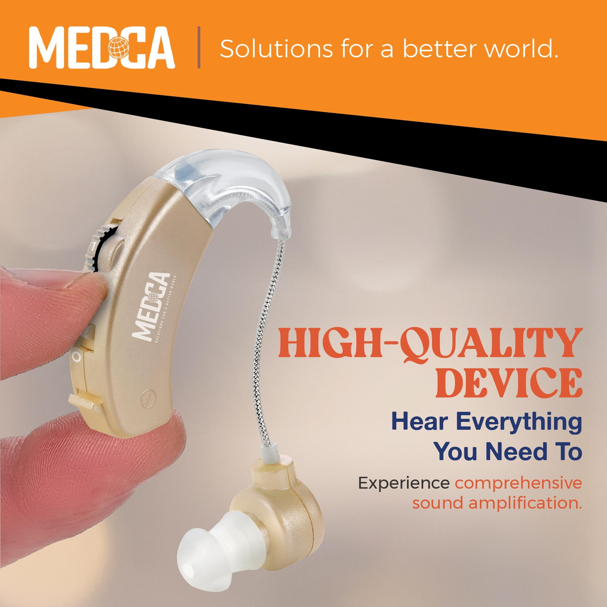 MEDca Behind The Ear Personal Sound Amplifier – Digital Sound Enhancer with Noise Reduction, Gold