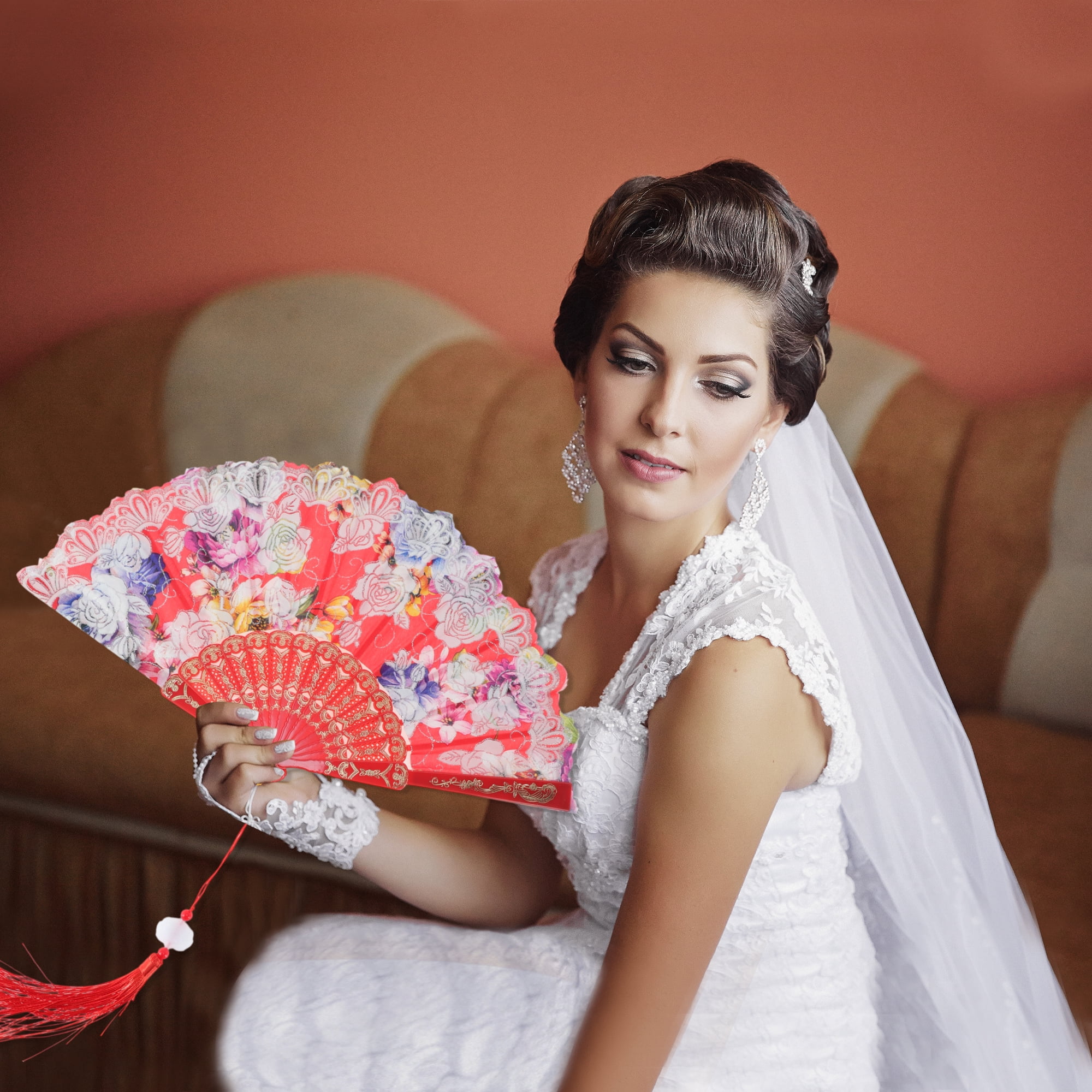 Unique Bargains Rose Print With Tassel Folding Fan 1 Pc For Summer Events Decorations Red