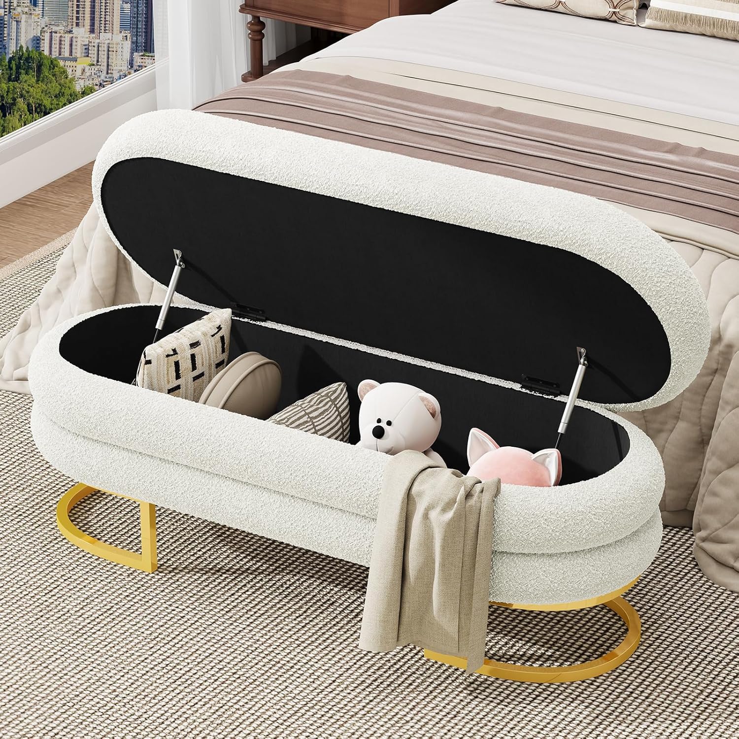Vabches Large Storage Ottoman Bench with Golden Metal Leg, 48.8" Linen Upholstered Storage Bench for Living Room, Bedroom, Entryway, Beige