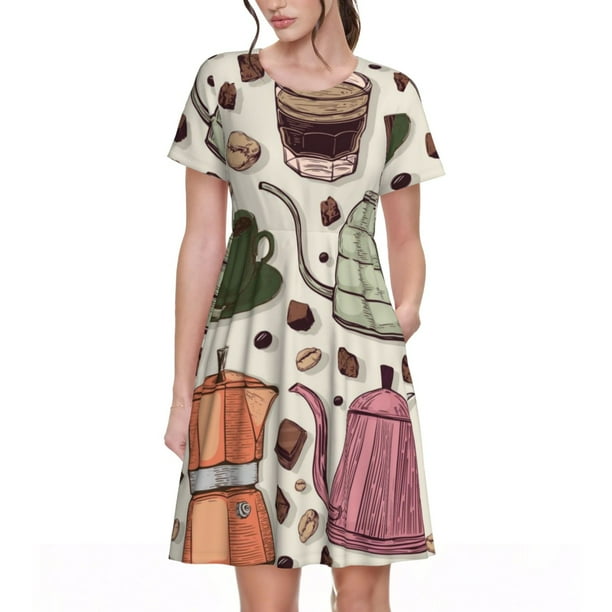 Fotbe Vintage Coffee Vestido Largo de Moda para Mujer, Vestido Tipo Camiseta con Manga Corta y Estilo Casual a Rayas y Bloques de Color