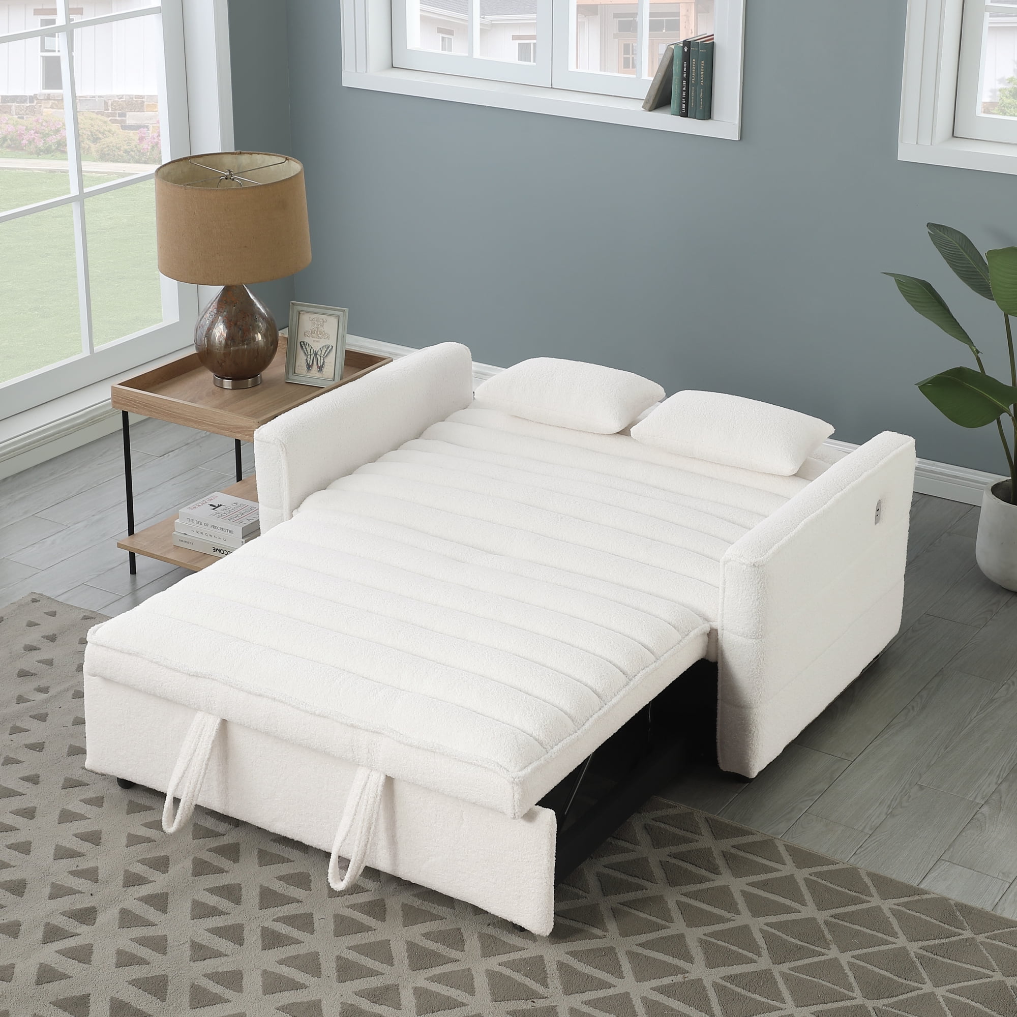 55" Convertible Sleeper Sofa Bed,Modern Boucle 3 in 1 Sleeper Sofa Couch Bed with 2 Pillows and Adjustable Backrest,2-Sater Sofa for Living Room, Bedroom,Beige