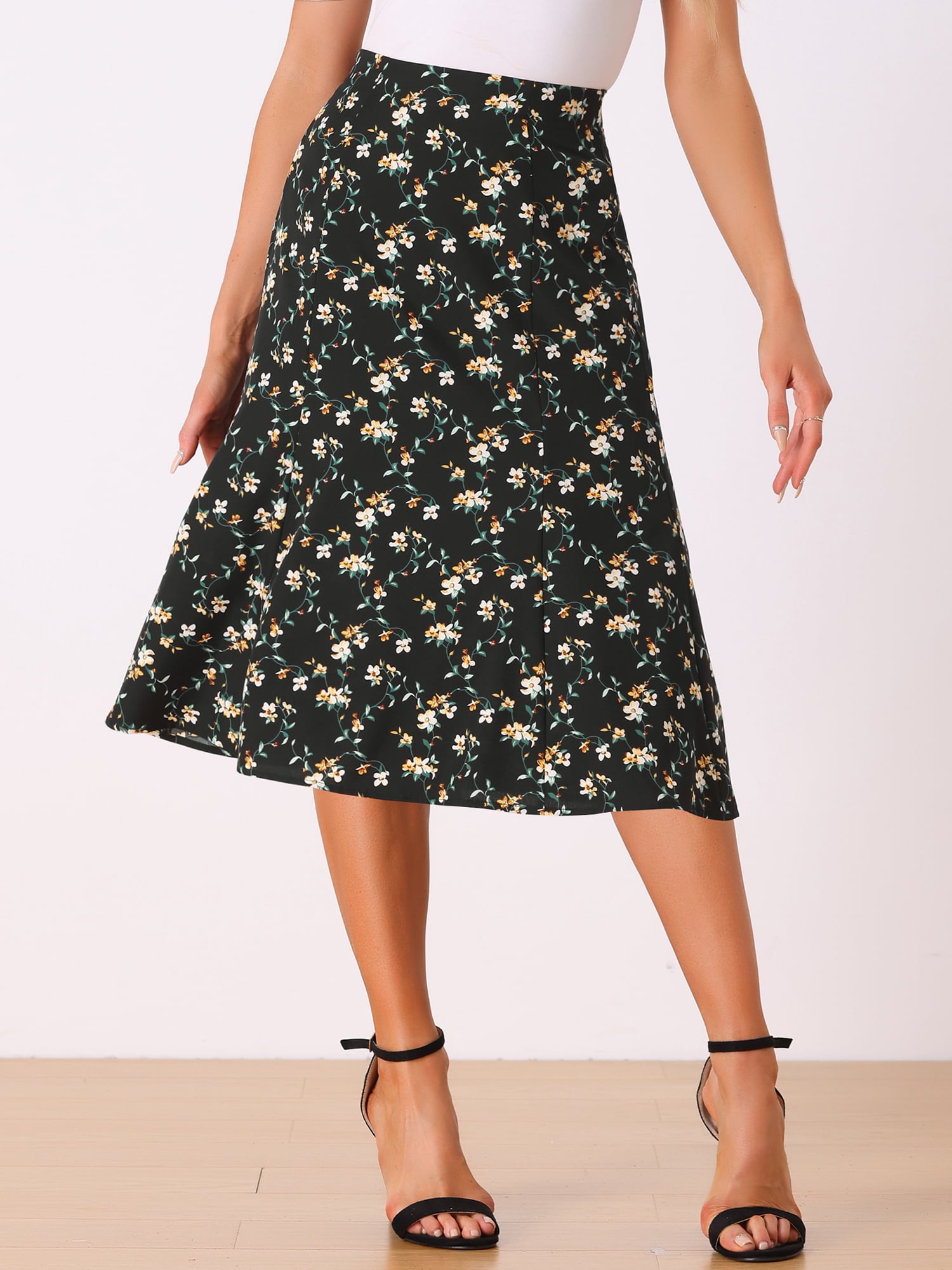 DARING DIVA Women's Elastic Waist A-Line Floral Print Midi Skirt S Black White