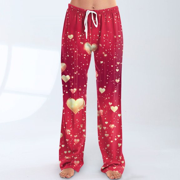 Women's Valentines Day Pajama Pants Drawstring Wide Leg Lounge Pants Heart Graphic Print Fashion Casual Stretch Sleep Trousers