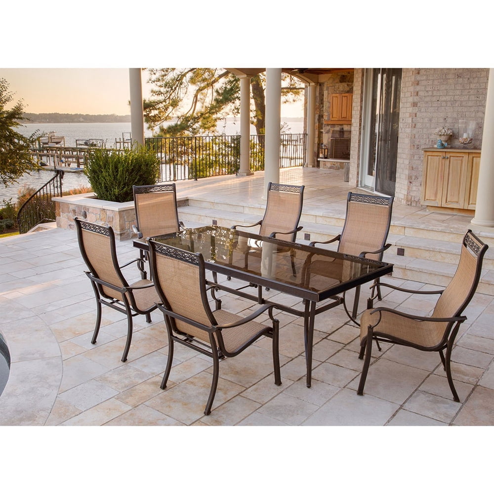 Hanover Monaco 7-Piece Dining Set with Six Sling-back Dining Chairs and One Extra Large Glass-top Dining Table