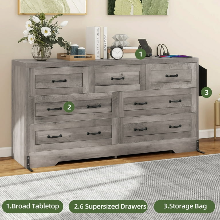 Uforic 7-Drawer Double Dresser Storage Cabinet with Power Outlets