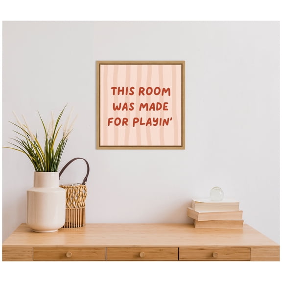 Kate and Laurel Framed Canvas Wall Art Print This Room Was Made For Playing Square by Laura Moss, 16 x 16 Sylvie Natural Frame, Whimsical, Typography Art for Wall Decor