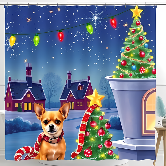 Whimsical Winter Scene Shower Curtain with Cheerful Chihuahua & Festive Christmas Trees - Perfect Holiday Decor