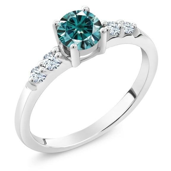 Gem Stone King 925 Sterling Silver Solitaire with Accent Stones Engagement Ring Round Blue Moissanite and Created Sapphire White 0.67cttw (Size 6)