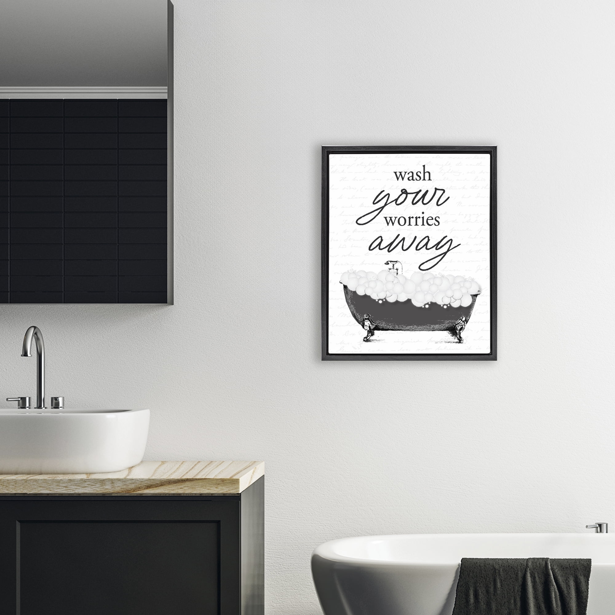 Bubble Bath Wash Worries Black Framed Floater Canvas Wall Art, design by Lettered and Lined