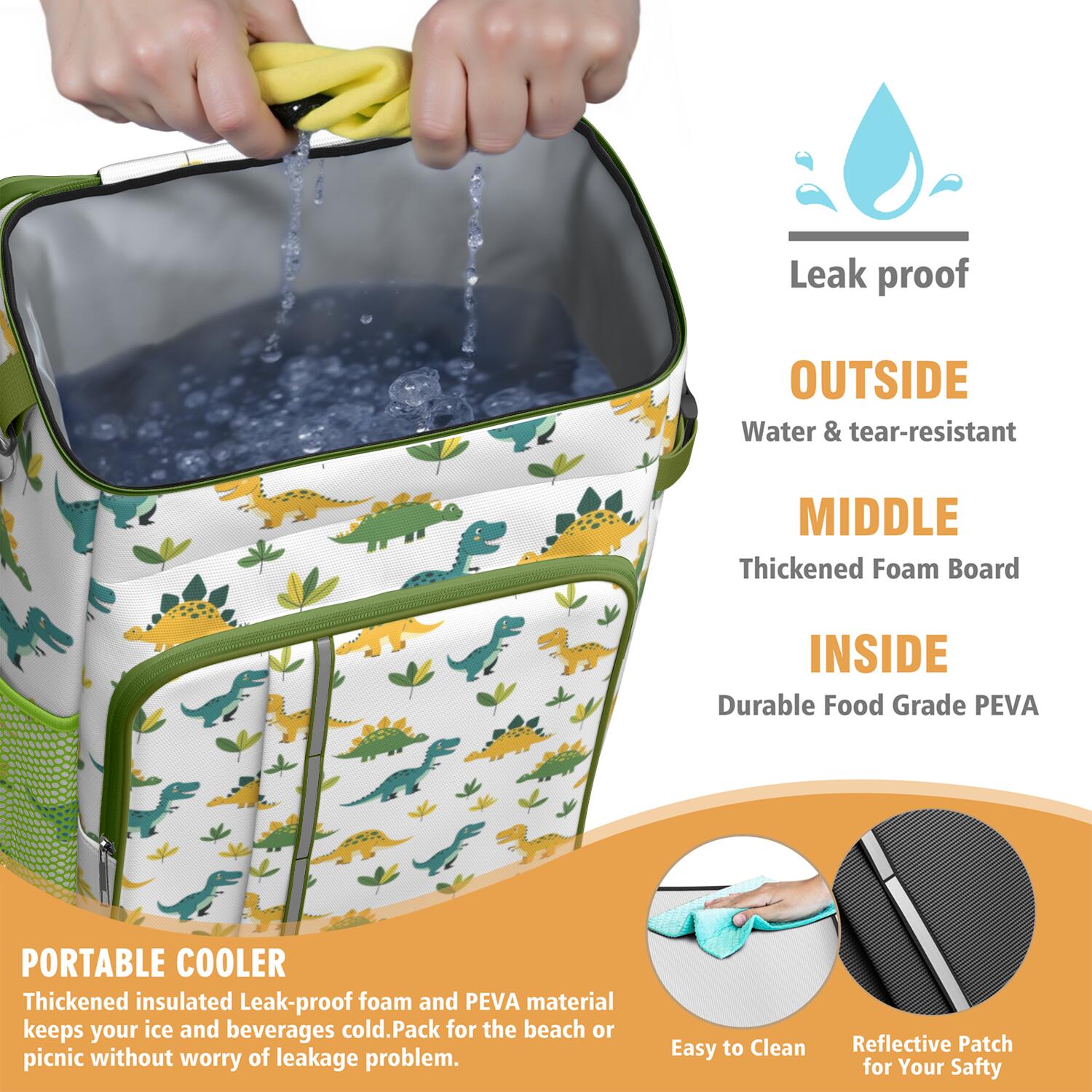 Travel Cooler Bag - White Dinosaurs Leaves Pattern Camping Beer Cooler Backpack with Bottle Opener- Waterproof Insulated Picnic Backpacks - Cooler Bag for Beach