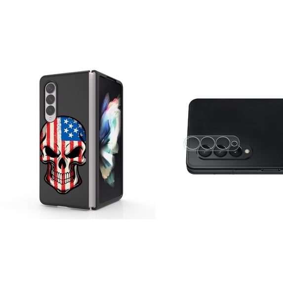 Accessory Bundle for Galaxy Z Fold 4: Slim Snap-On Case (American Skull), Rear Camera Glass Protector