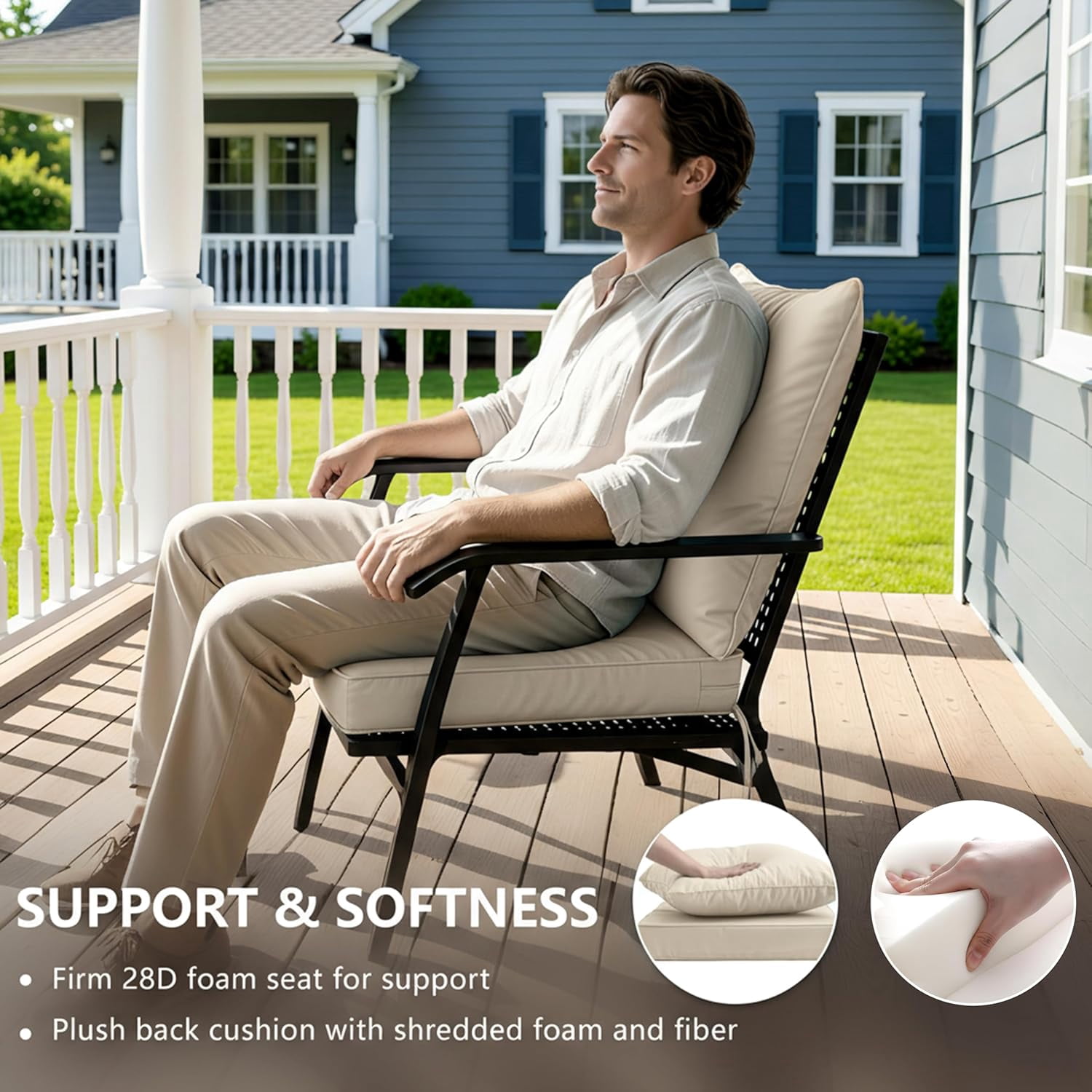 24x24 Inch Outdoor Chair Cushion with Removable Cover, Patio Furniture Cushion - Water-Repellent, Fade-Resistant, Non-Slip Bottom & Straps, Replacement for Deep Seat Sofa & Couch - Cream
