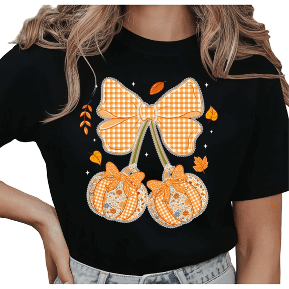 Plaid Bow Pumpkin Fall Graphic Tee Women's Short Sleeve Crewneck Casual Holiday Top