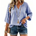 thumbnail image 6 of Women's Plus Size Gingham Blouses V Neck 3/4 Sleeve Loose Tunic Shirts Work office Casual Summer Tops Lightweight Everyday Plaid Shirts Navy, 6 of 7