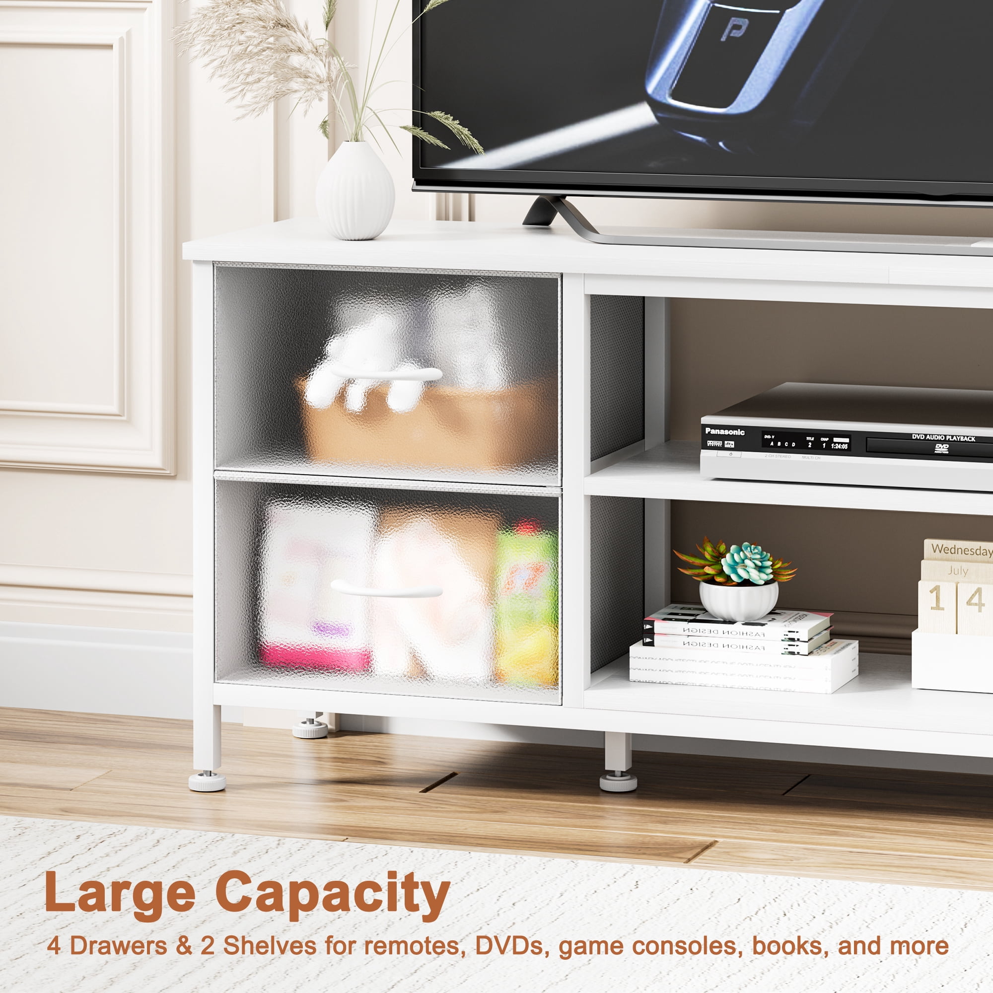 TV Stand for Bedroom, Television Stand for TV up to 60 Inch Entertainment Center Dresser with 4 Drawers Open Storage Shelves for Living Room, Entryway
