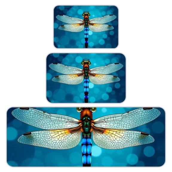 RKSupls Kitchen Rug Set 3 Piece Anti-Slip Flannel Floor Mats, Dragonfly Blue Art Washable Absorbent Runner Mats for Kitchen Bathroom Home Decor